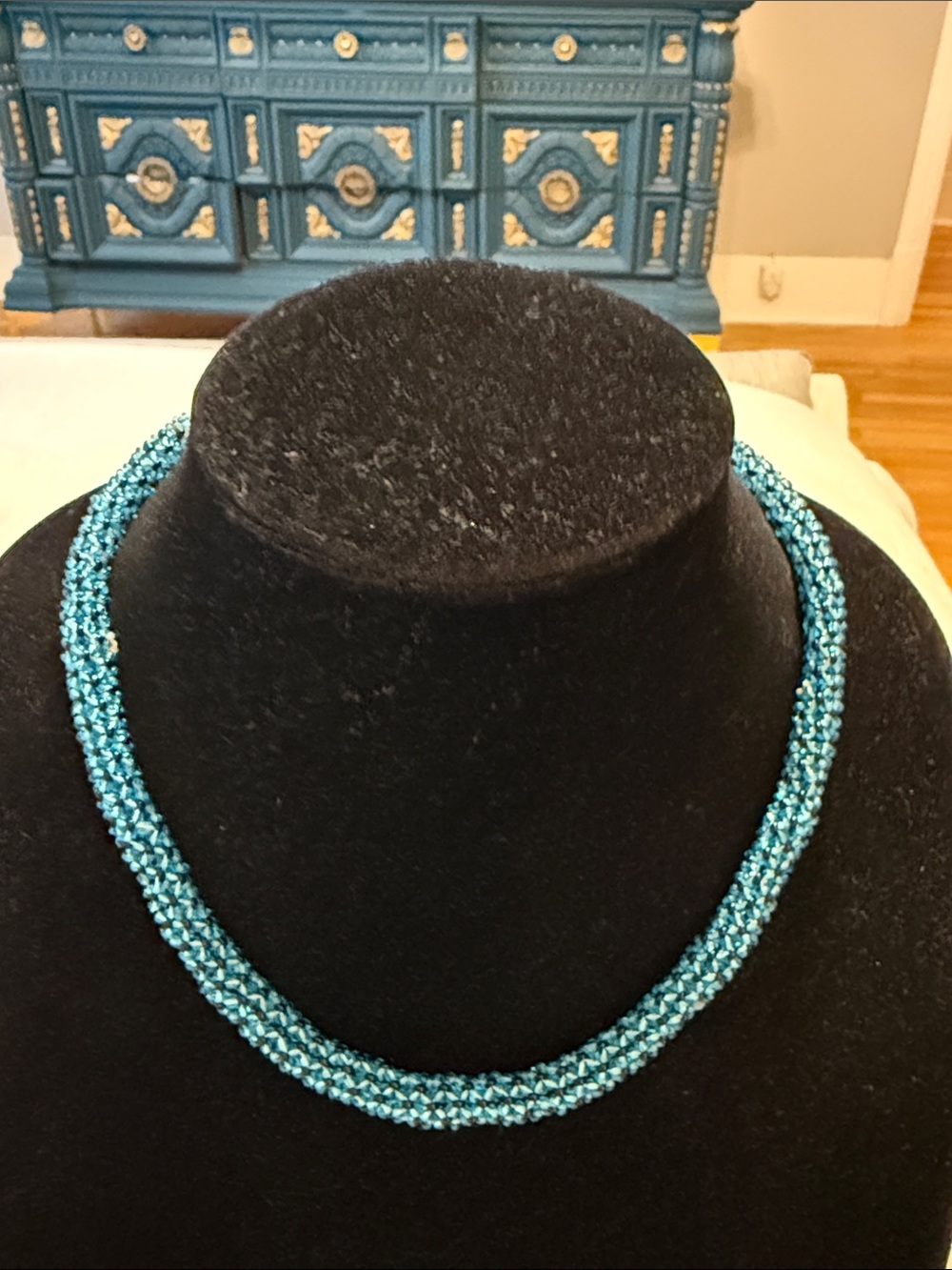 Vintage Native American Style Turquoise Blue Black Seed Beaded Choker Necklace